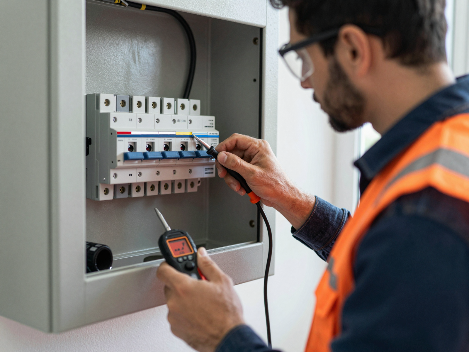 Residential electrician working on circuit breaker panel